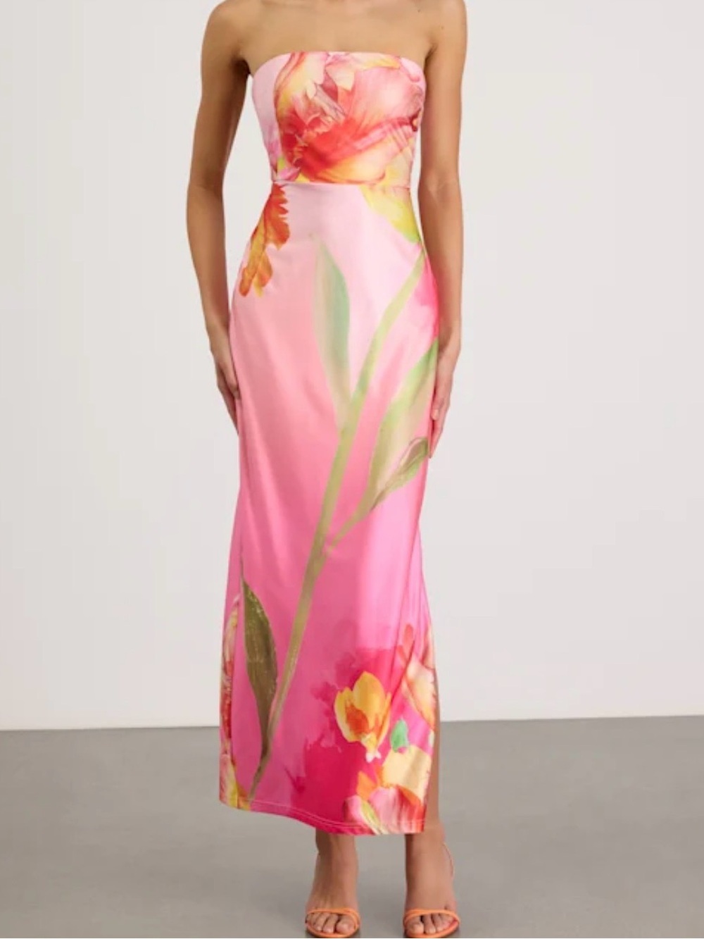 Anahi Pink Multi Floral Satin Strapless Maxi Dress